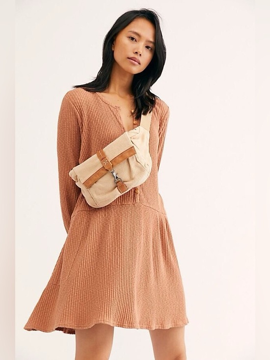 FP Beach Tops - Free People Beach Waffle Knit Tunic Top Medium Blush Pink Henley Babydoll Boho